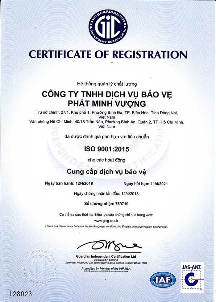 Công ty Bảo vệ PMV được cấp giấy chứng nhận ISO 9001:2015