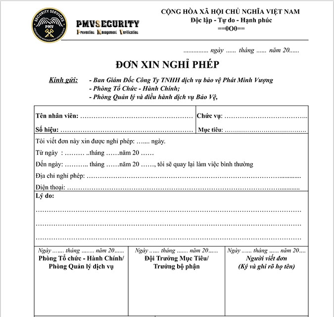 Mẫu đơn xin nghỉ phép của Bảo vệ PMV