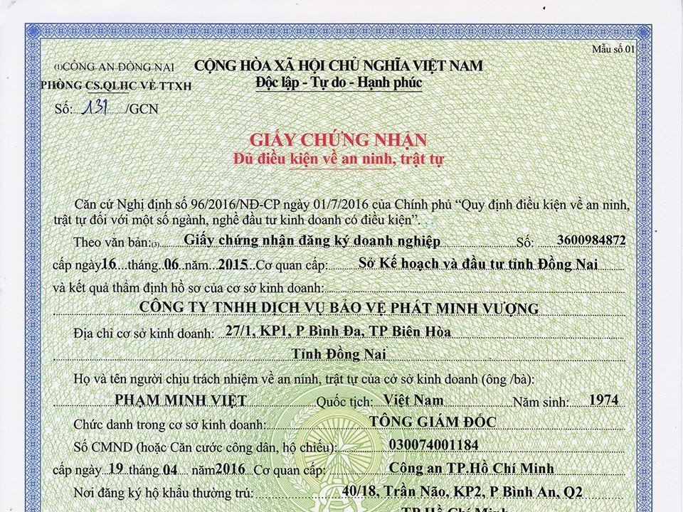 Giấy Xác Nhận đủ điều Kiện An Ninh Trật Tự